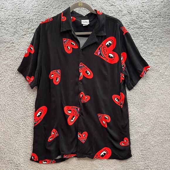 PacSun‎ x Keith Haring Hearts Camp Men's Large Button Up Short Sleeve Shirt - Picture 1 of 9
